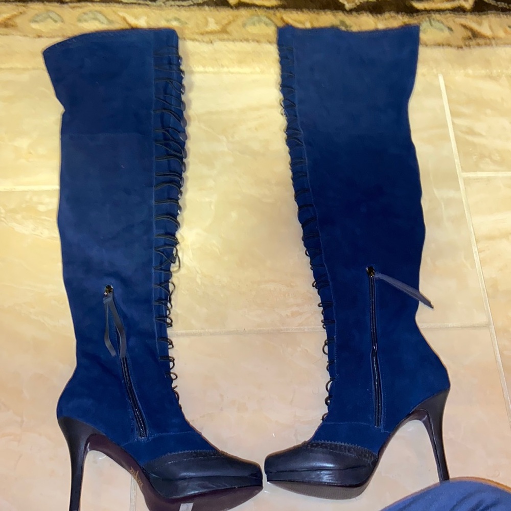 Navy blue thigh high boots